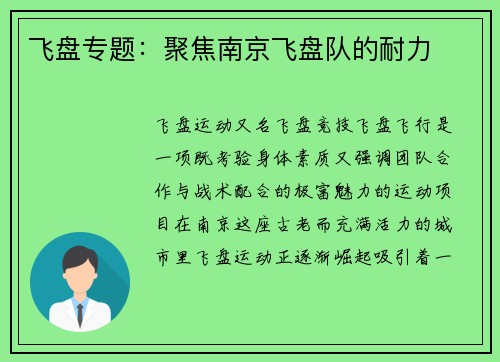 飞盘专题：聚焦南京飞盘队的耐力
