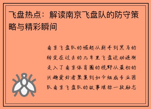 飞盘热点：解读南京飞盘队的防守策略与精彩瞬间