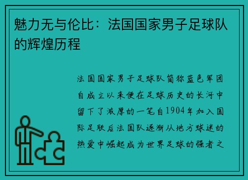 魅力无与伦比：法国国家男子足球队的辉煌历程