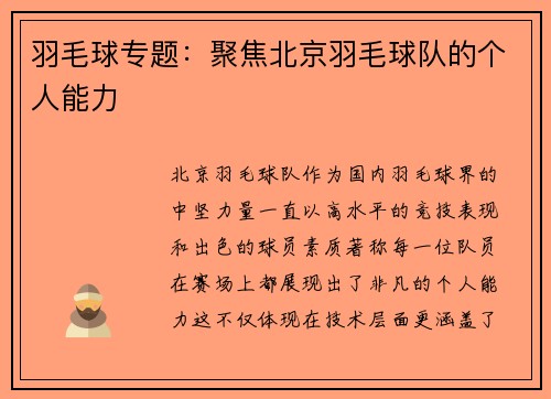 羽毛球专题：聚焦北京羽毛球队的个人能力