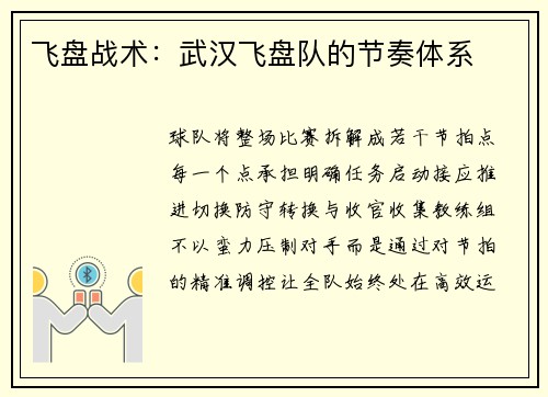 飞盘战术：武汉飞盘队的节奏体系